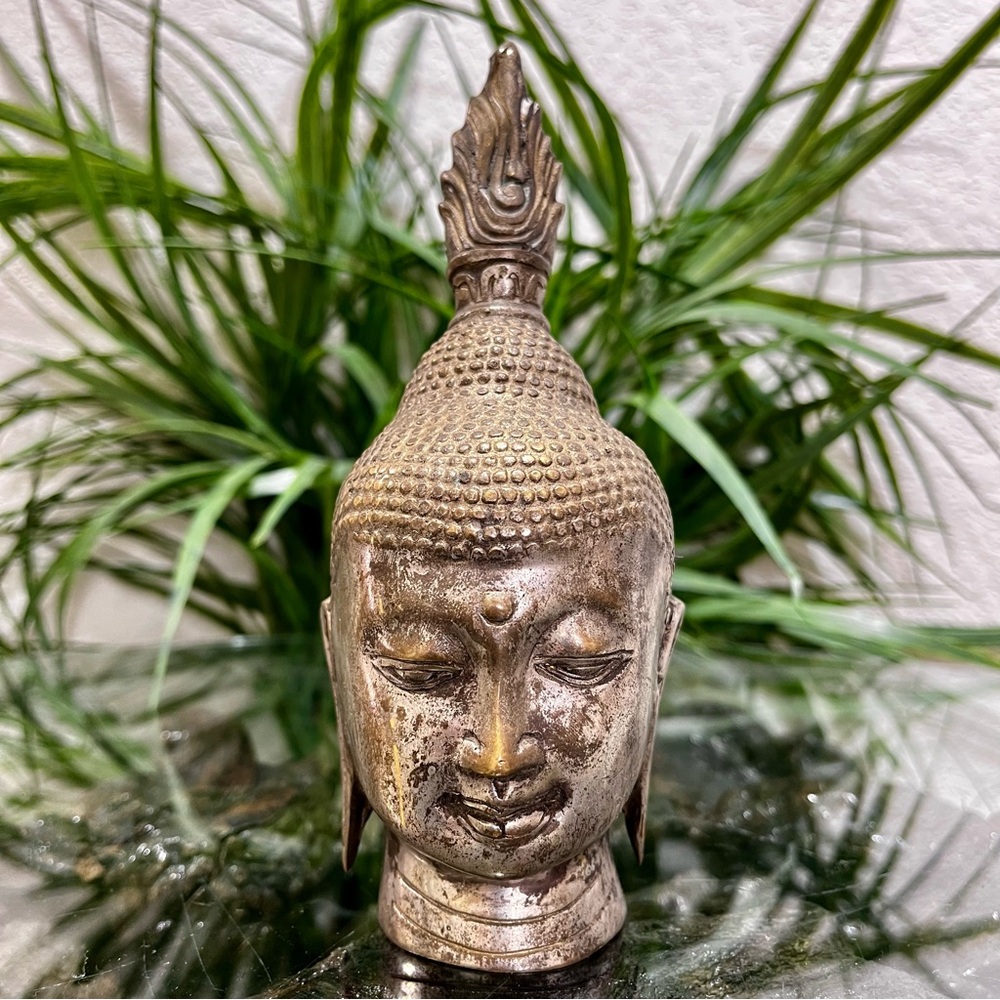 Silver Buddha Head Sculpture - Metal 7” Tall